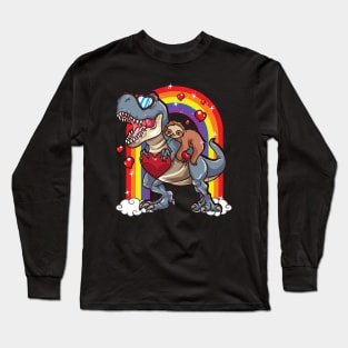 Sloth Riding Dinosaur T-Rex Red Hearts Dino Rainbow Long Sleeve T-Shirt